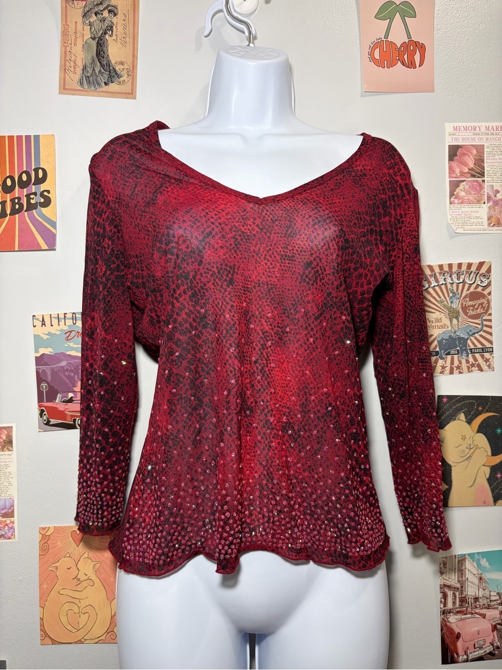 Express Red V-Neck Long Sleeve Top with Sequin Detail
